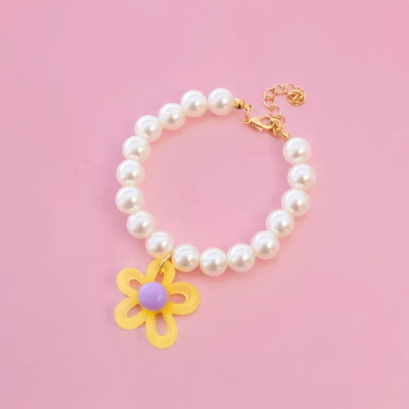 Macaron Haustierhalsband mit Perlen & Blumenanhänger – Süßes, farbenfrohes Schmuck-Collar für Katzen & kleine Hunde