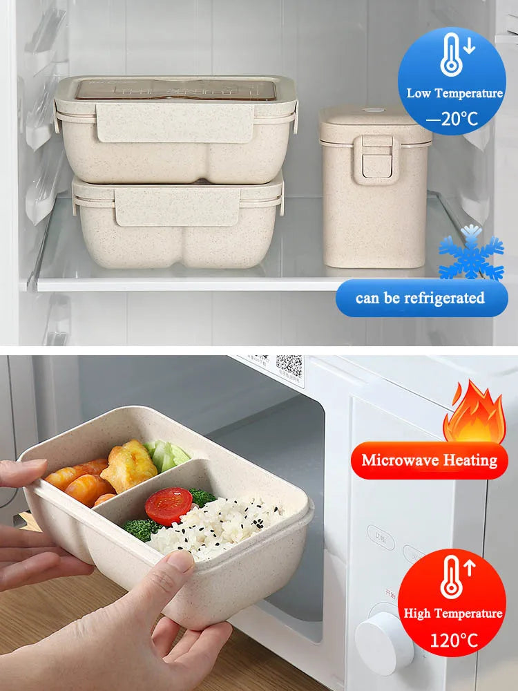 Lunchbox 1100ml Weizenstroh - Bento Box mit Löffel & Stäbchen