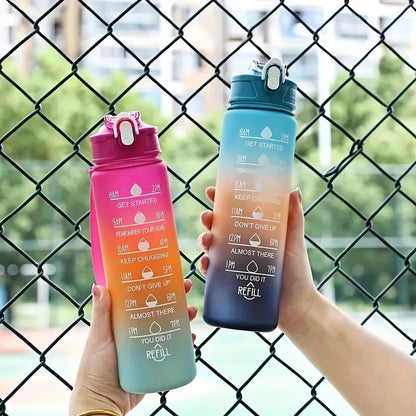 Botella deportiva de 1 l con degradado, pajita y marcador de tiempo – Diseño con degradado de color