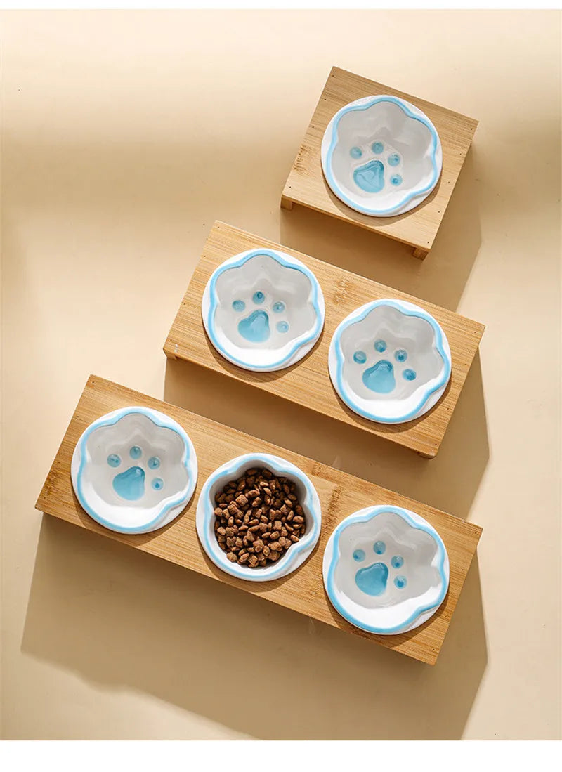 Keramik Futterstation für Katzen & Hunde – 3 Näpfe mit Bambusständer | Pets & Home