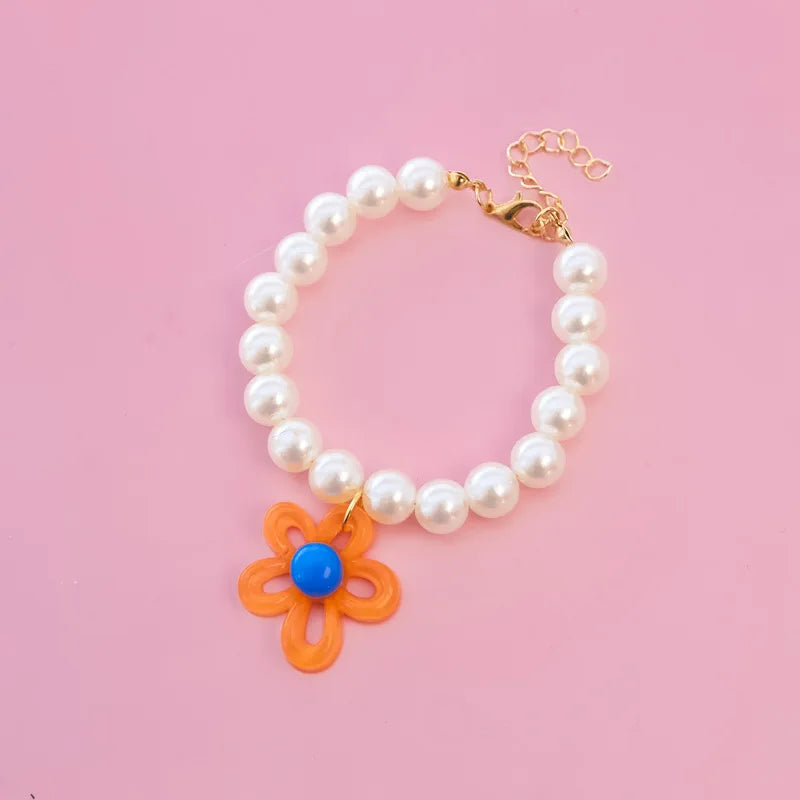 Macaron Haustierhalsband mit Perlen & Blumenanhänger – Süßes, farbenfrohes Schmuck-Collar für Katzen & kleine Hunde