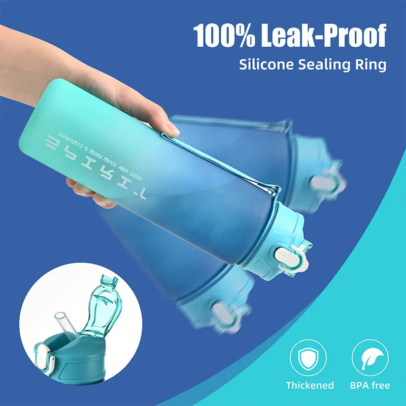 Botella deportiva de 1 l con marcador de tiempo y pajita: motivadora y a prueba de fugas.