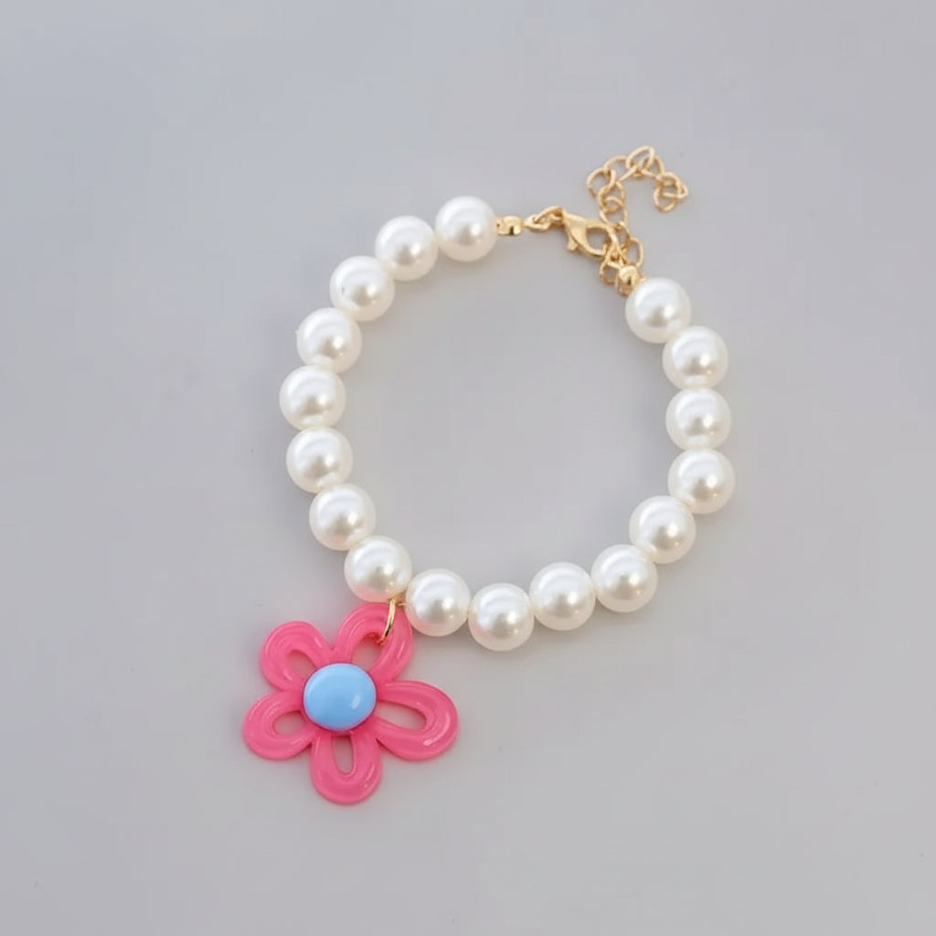 Macaron Haustierhalsband mit Perlen & Blumenanhänger – Süßes, farbenfrohes Schmuck-Collar für Katzen & kleine Hunde
