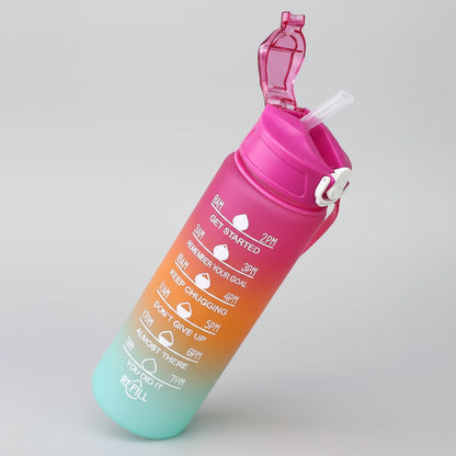 Botella deportiva de 1 l con marcador de tiempo y pajita: motivadora y a prueba de fugas.
