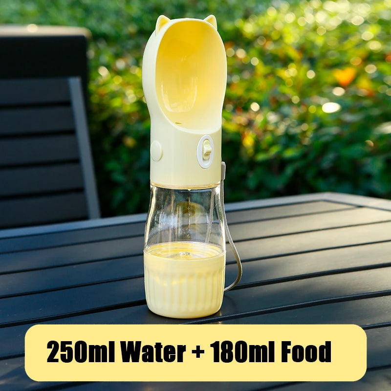 Portable dog water bottle with food reservoir | 250 ml water + 180 ml food | Outdoor bottle for dogs &amp; cats