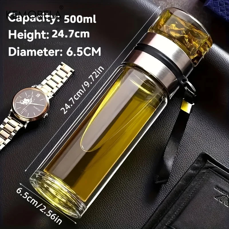 Botella de té de vidrio de 450 ml - Aislamiento de doble pared con colador de té para llevar