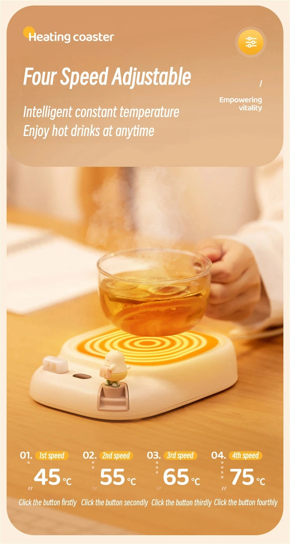 40W Tassenwärmer elektrisch - Getränkewärmer mit 4 Temperaturstufen für Kaffee, Tee & Milch