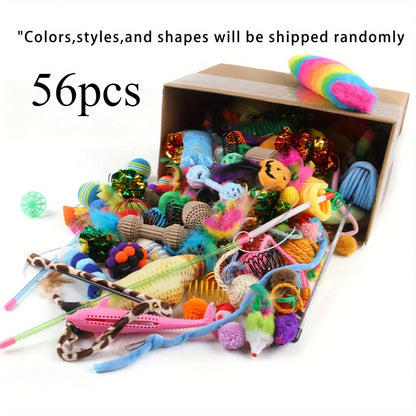 Cat Toy Set 56/28/14 Pieces - Colorful Mix of Plush &amp; Plastic for Multiple Cats