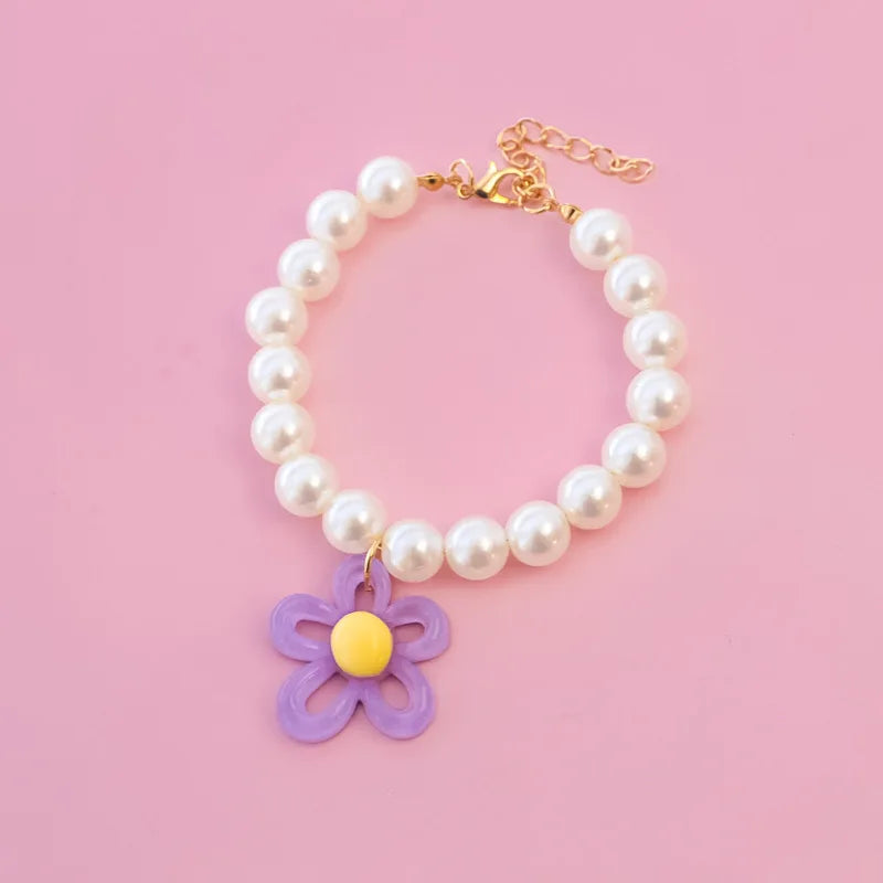 Macaron Haustierhalsband mit Perlen & Blumenanhänger – Süßes, farbenfrohes Schmuck-Collar für Katzen & kleine Hunde