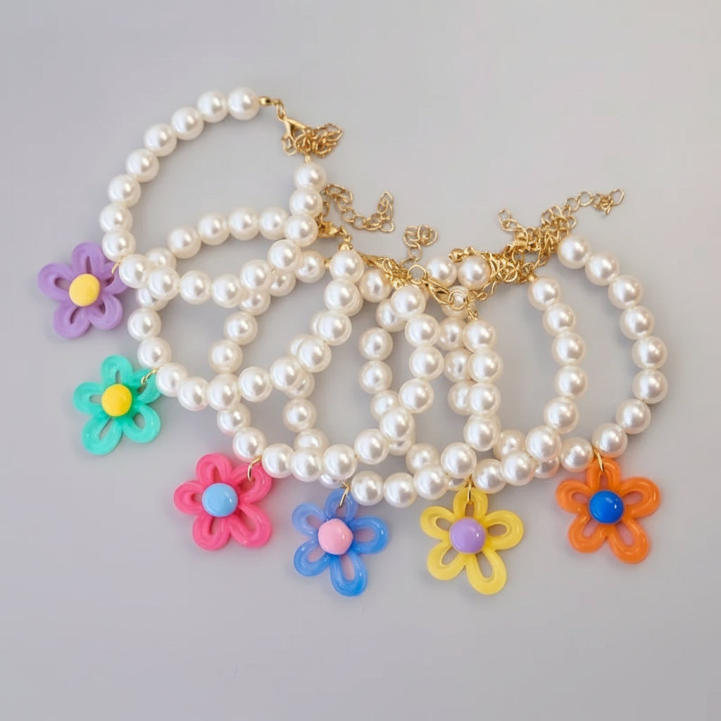 Macaron Haustierhalsband mit Perlen & Blumenanhänger – Süßes, farbenfrohes Schmuck-Collar für Katzen & kleine Hunde