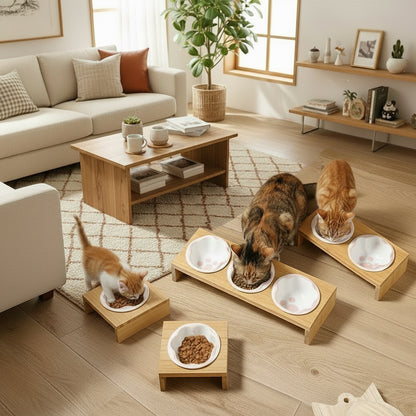 Keramik Futterstation für Katzen & Hunde – 3 Näpfe mit Bambusständer | Pets & Home