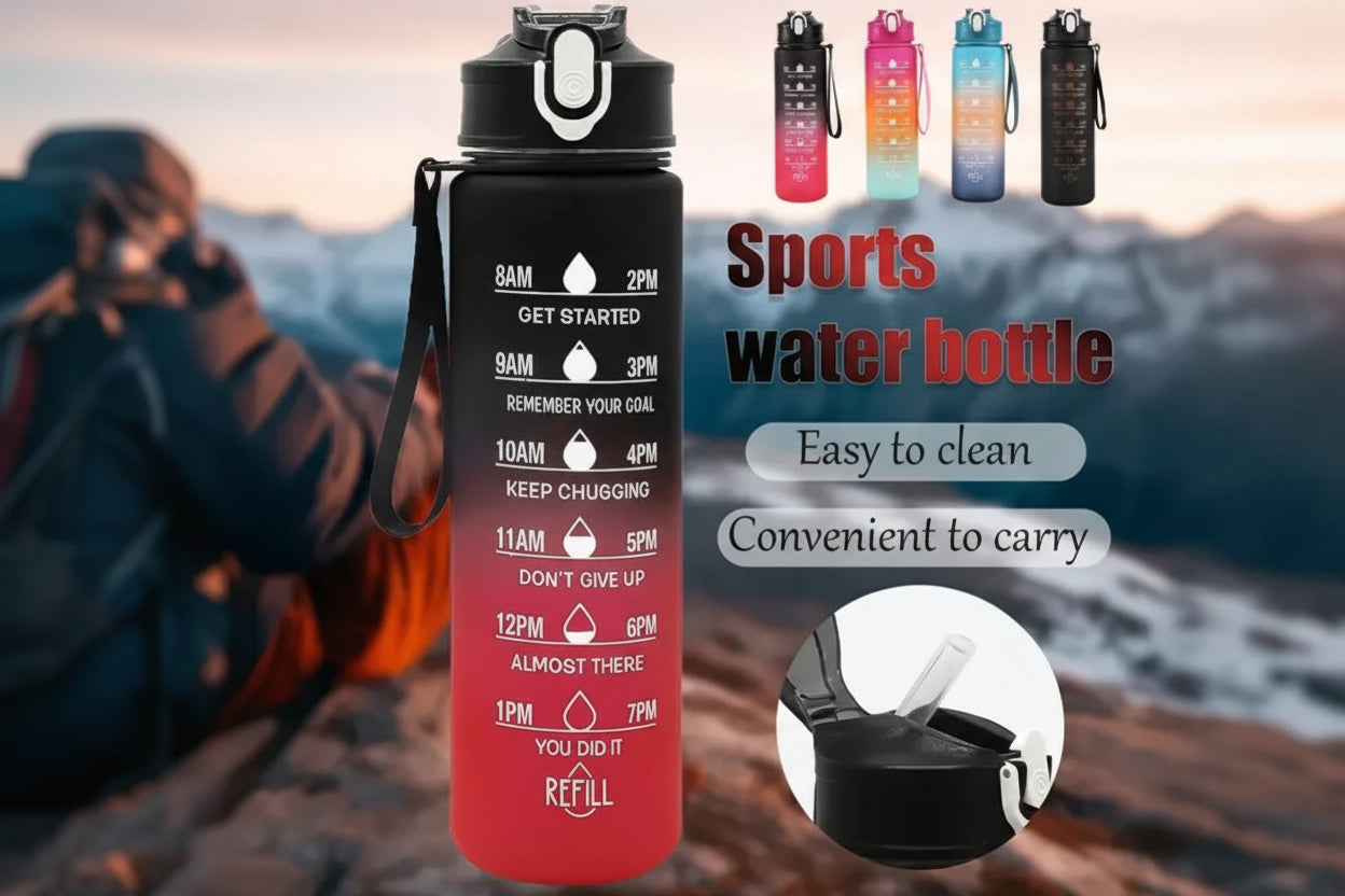 Botella deportiva de 1 l con marcador de tiempo y pajita: motivadora y a prueba de fugas.