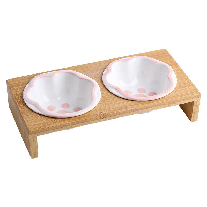 Keramik Futterstation für Katzen & Hunde – 3 Näpfe mit Bambusständer | Pets & Home