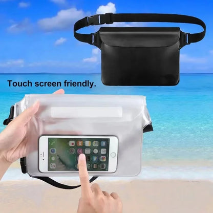 Bolsa impermeable sellada de tres capas con cintura ajustable para pantalla táctil para protección subacuática, natación en la playa, remo y iPhone.