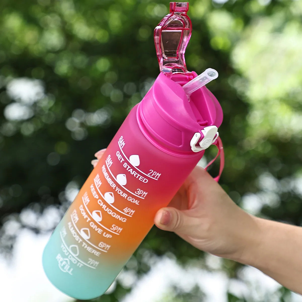 Botella deportiva de 1 l con degradado, pajita y marcador de tiempo – Diseño con degradado de color