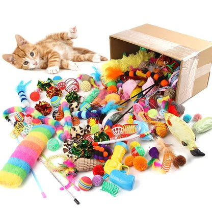 Cat Toy Set 56/28/14 Pieces - Colorful Mix of Plush &amp; Plastic for Multiple Cats