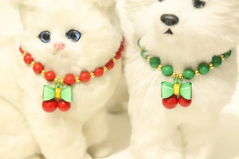 Collar de perlas para mascotas: hecho a mano, diseño de cereza para perros y gatos.