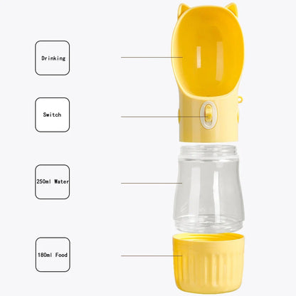 Portable dog water bottle with food reservoir | 250 ml water + 180 ml food | Outdoor bottle for dogs &amp; cats