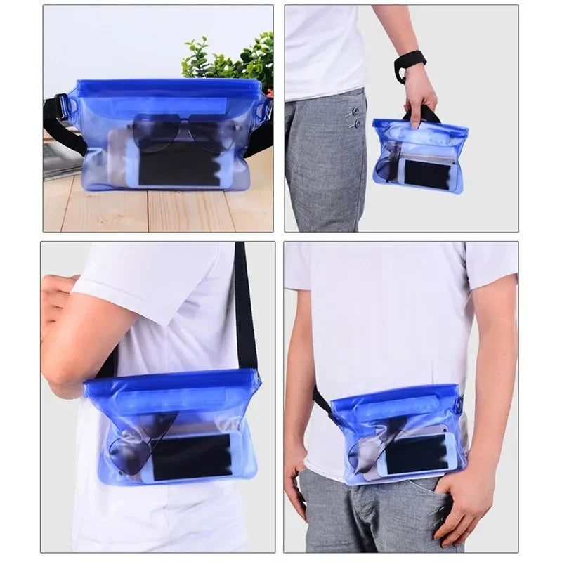 Bolsa impermeable sellada de tres capas con cintura ajustable para pantalla táctil para protección subacuática, natación en la playa, remo y iPhone.