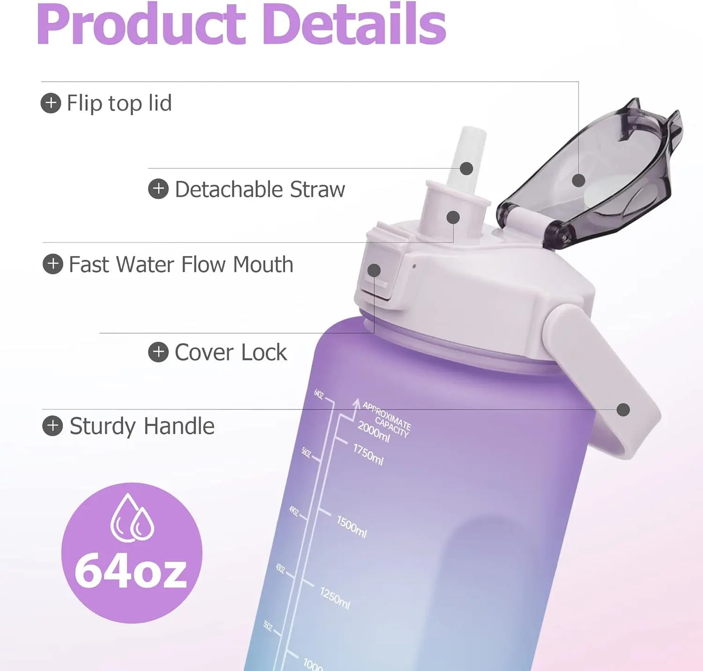 Botella deportiva de 2 l con cronómetro: tamaño XXL para fitness y actividades al aire libre.