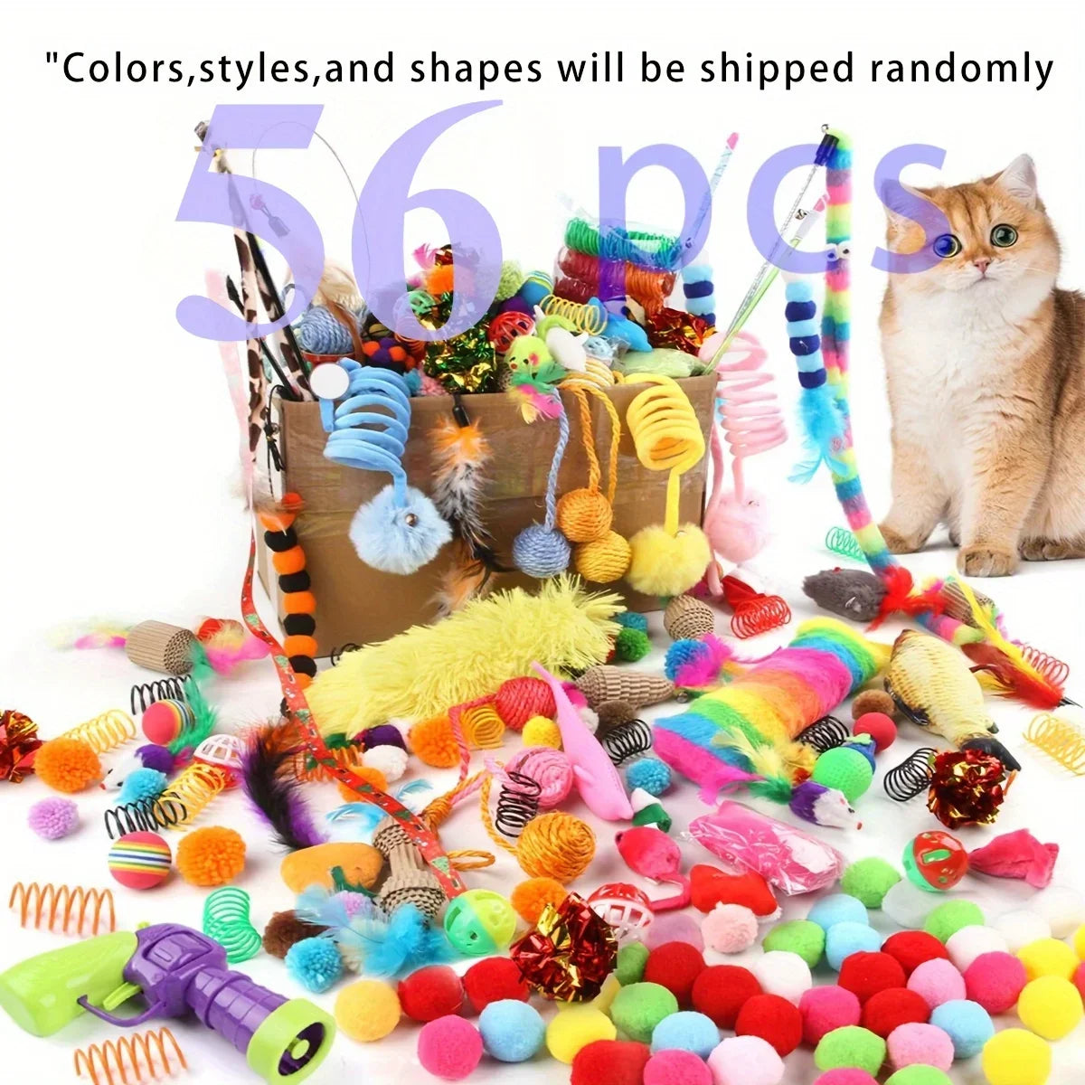 Cat Toy Set 56/28/14 Pieces - Colorful Mix of Plush &amp; Plastic for Multiple Cats