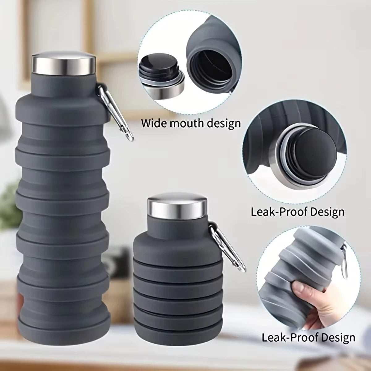 Foldable silicone water bottle - BPA-free &amp; portable for outdoor activities &amp; hiking