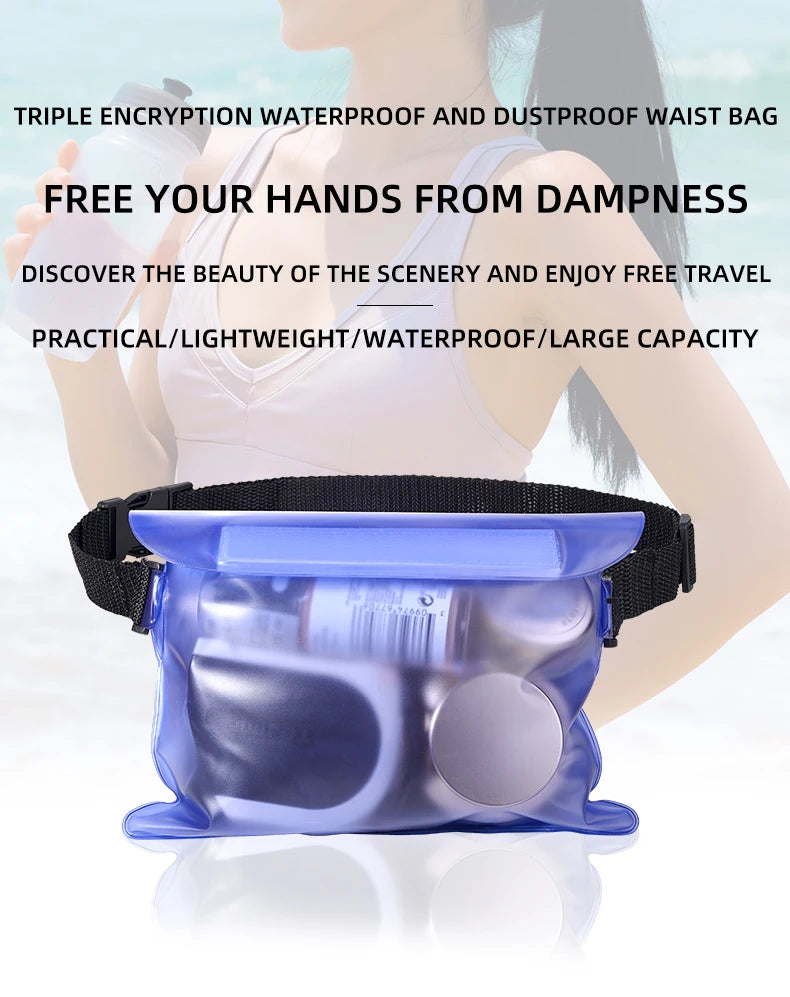 Bolsa impermeable sellada de tres capas con cintura ajustable para pantalla táctil para protección subacuática, natación en la playa, remo y iPhone.