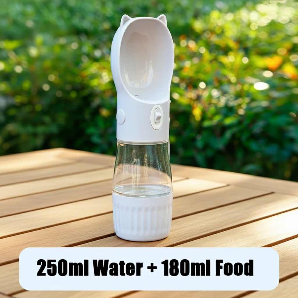 Portable dog water bottle with food reservoir | 250 ml water + 180 ml food | Outdoor bottle for dogs &amp; cats