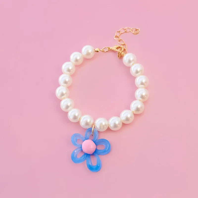 Macaron Haustierhalsband mit Perlen & Blumenanhänger – Süßes, farbenfrohes Schmuck-Collar für Katzen & kleine Hunde