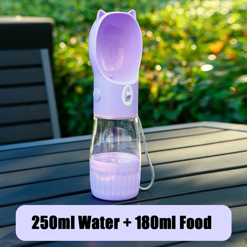 Portable dog water bottle with food reservoir | 250 ml water + 180 ml food | Outdoor bottle for dogs &amp; cats