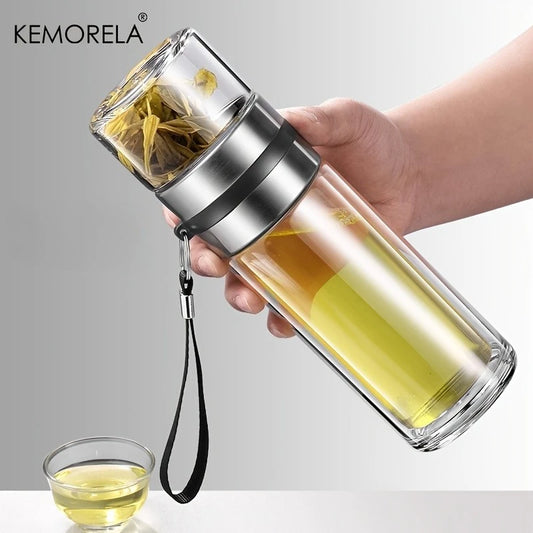 Glass tea bottle 450ml - Double-walled insulated with tea strainer for on the go