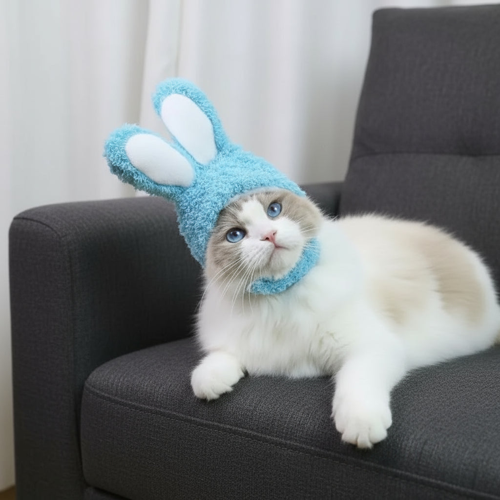 Katzen & kleine Hunde – Plüsch-Hasenohren Mütze, verstellbar