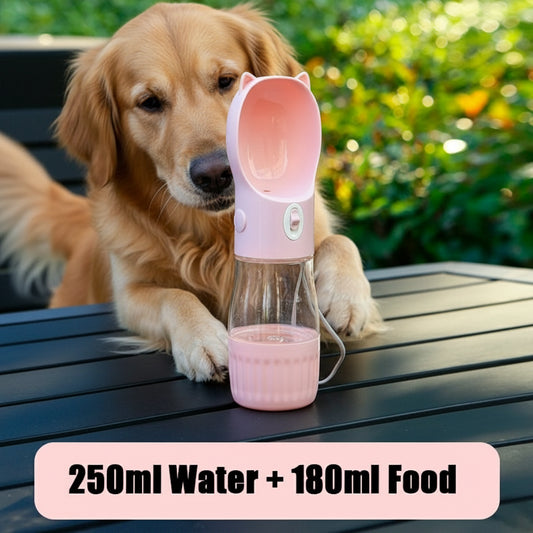 Botella de agua portátil para perros con depósito de comida | 250 ml de agua + 180 ml de comida | Botella de exterior para perros y gatos