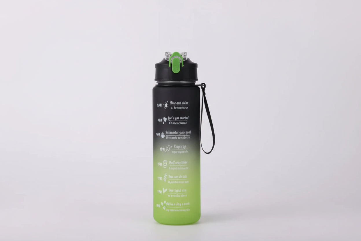 Botella deportiva de 1 l con marcador de tiempo y pajita: motivadora y a prueba de fugas.