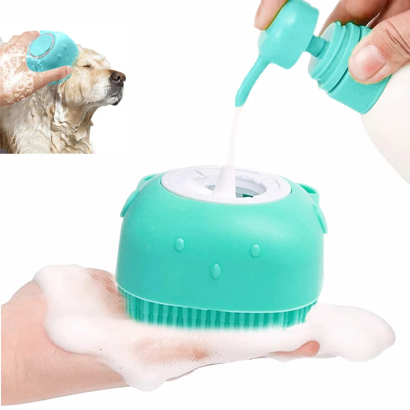 Cepillo de baño de silicona para mascotas: cepillo de masaje suave para perros y gatos con dispensador de champú.