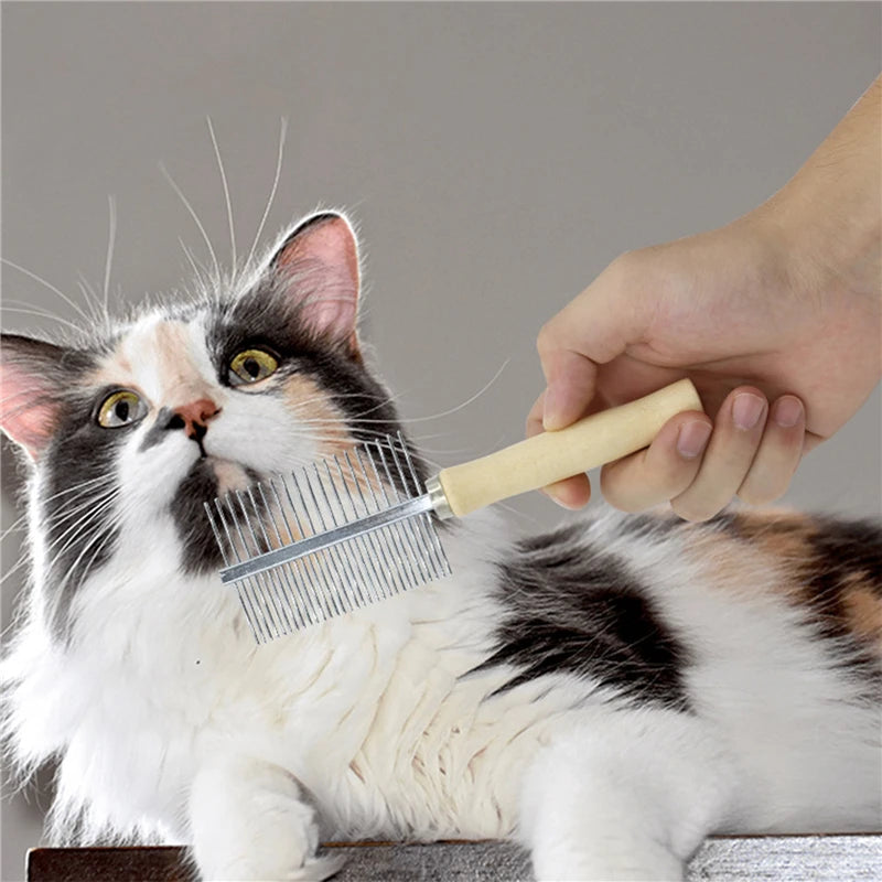 Wooden comb for pets – stainless steel tines for long fur, dogs &amp; cats