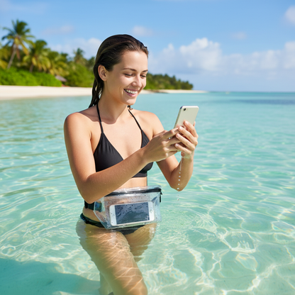 Frau schwimmt mit transparenter Tasche