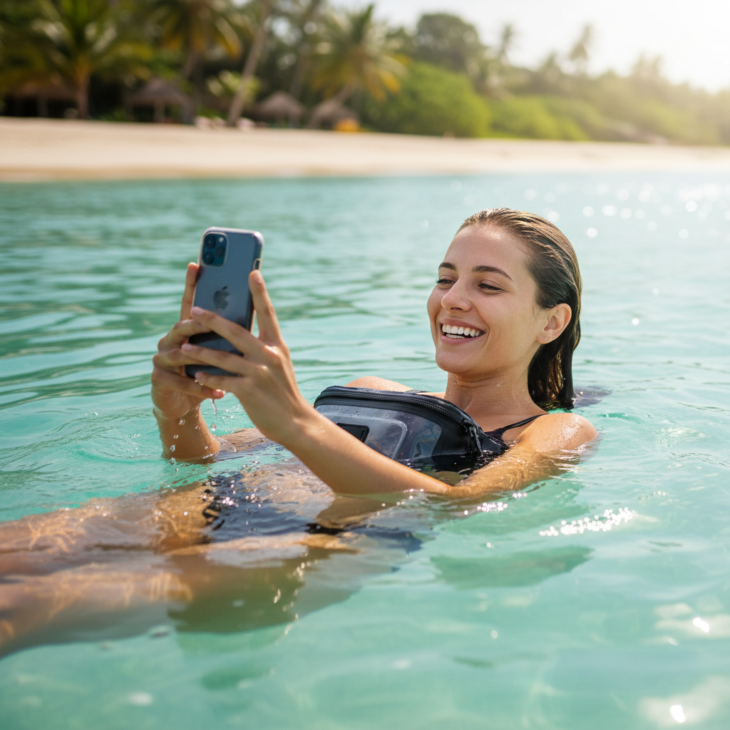 Frau schwimmt und nutzt Smartphone