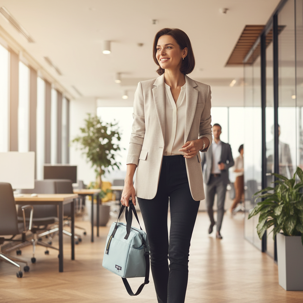 Berufstätige Frau mit eleganter Lunch Bag