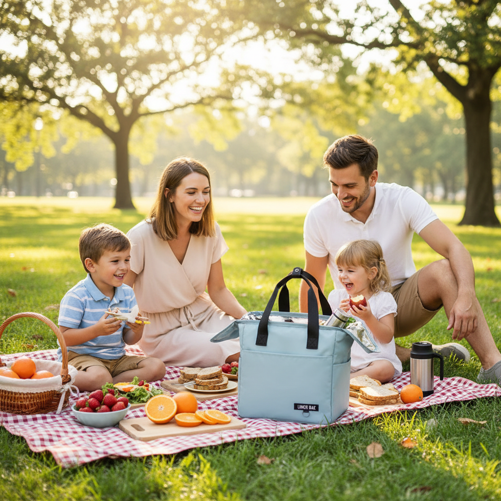 Familie beim Picknick mit isolierter Lunch Bag