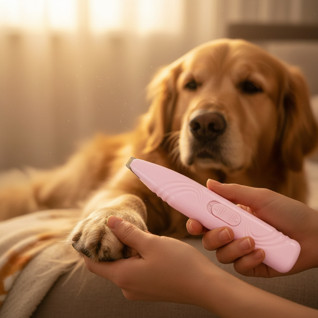 Nahaufnahme elektrischer Krallenschneider an Hundepfote