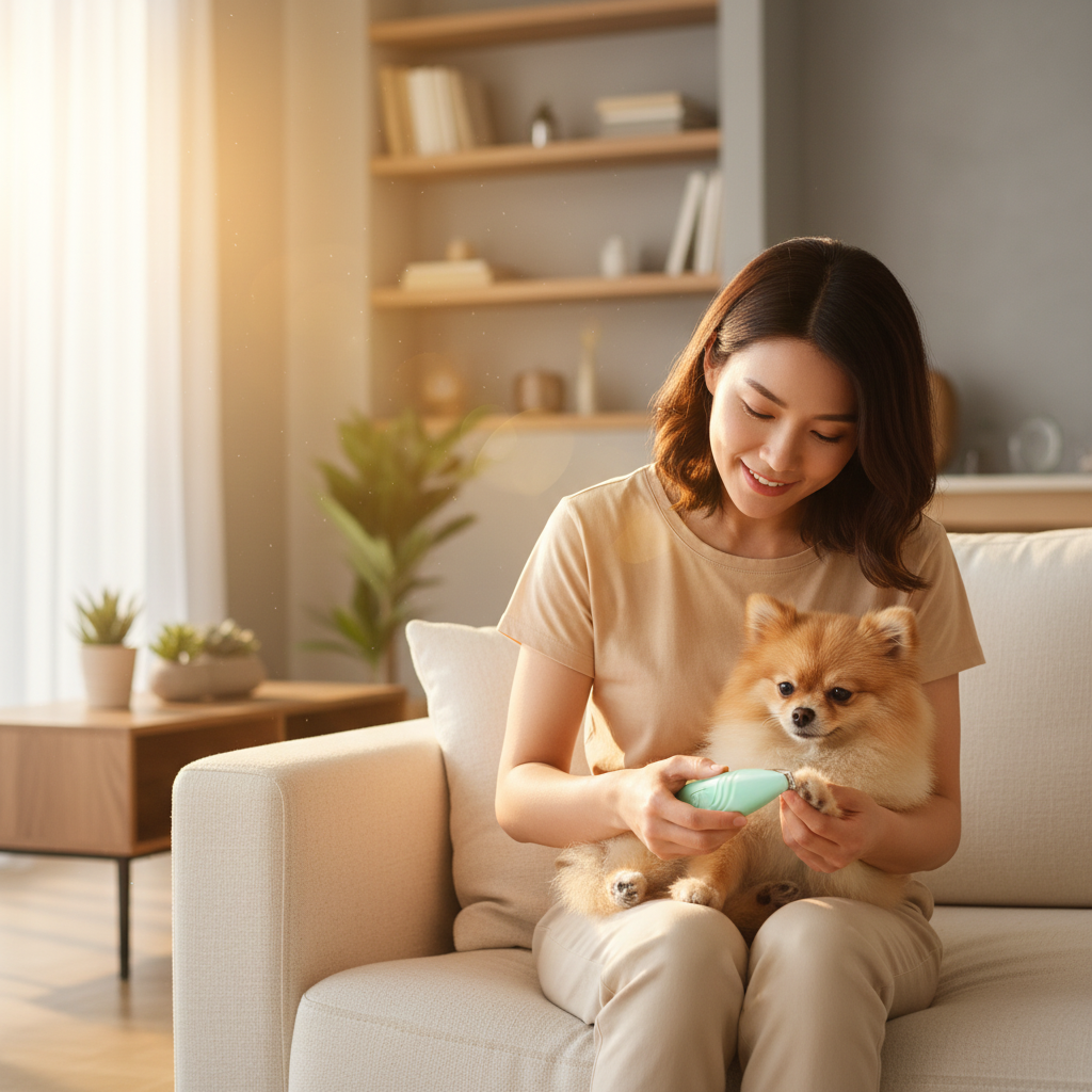 Frau nutzt Krallenschneider bei kleinem Hund auf Sofa