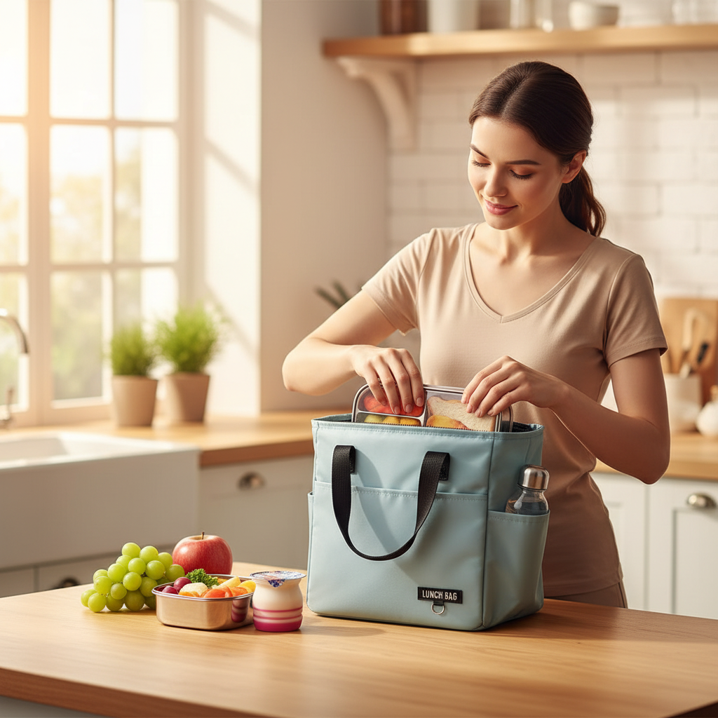 Mutter bereitet gesunde Mahlzeit in Lunch Bag vor