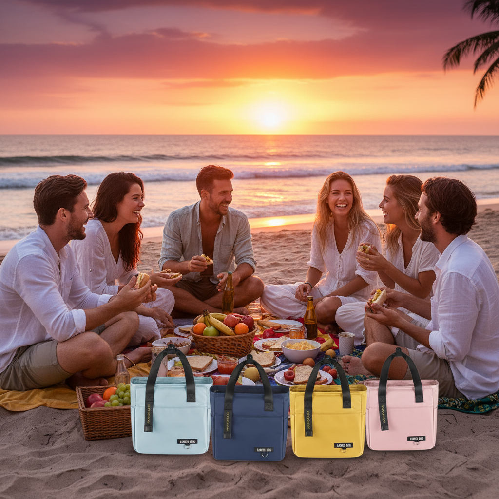 Freunde am Strand mit bunten Lunch Bags
