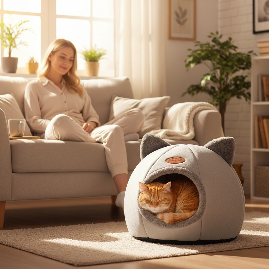 Katzenbesitzer beobachtet zufriedene Katze in Katzenhöhle auf Sofa