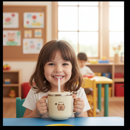 Kind im Kindergarten mit Capybara-Becher
