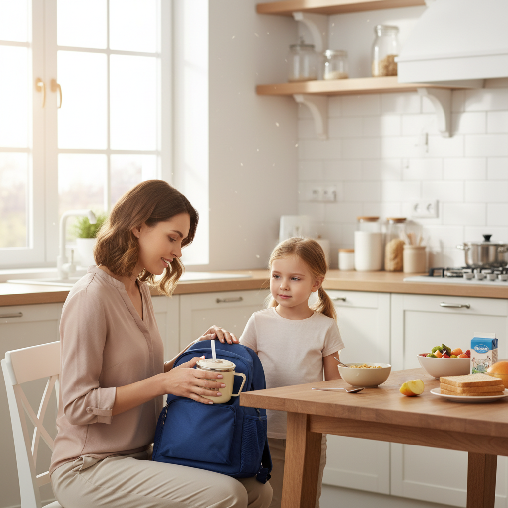 Mutter packt Becher ein