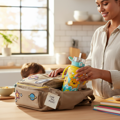 Mutter packt Trinkflasche ein