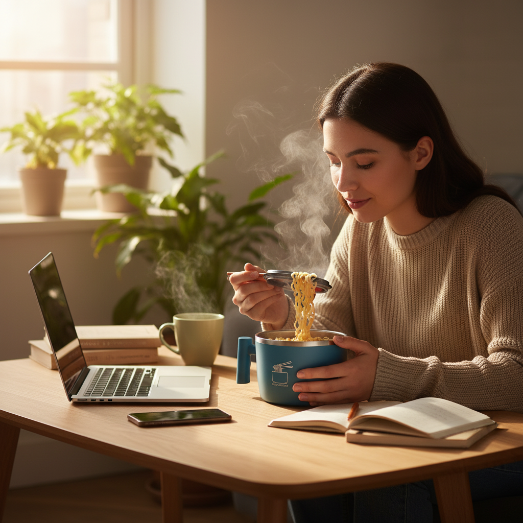 Person genießt Nudeln am Schreibtisch
