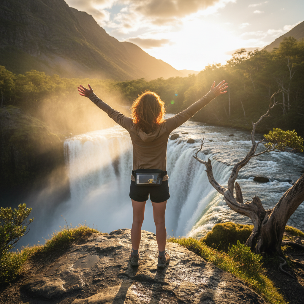 Reisender am Wasserfall
